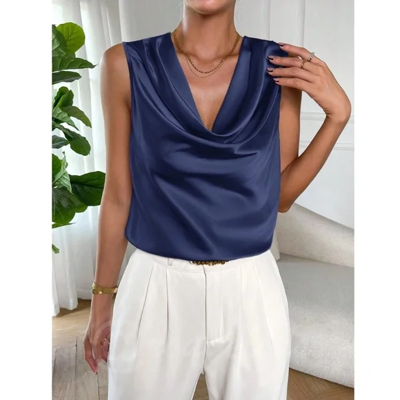 Satin Draped Cowl Neck Sleeveless Blouse Blue - Picture 2 of 8